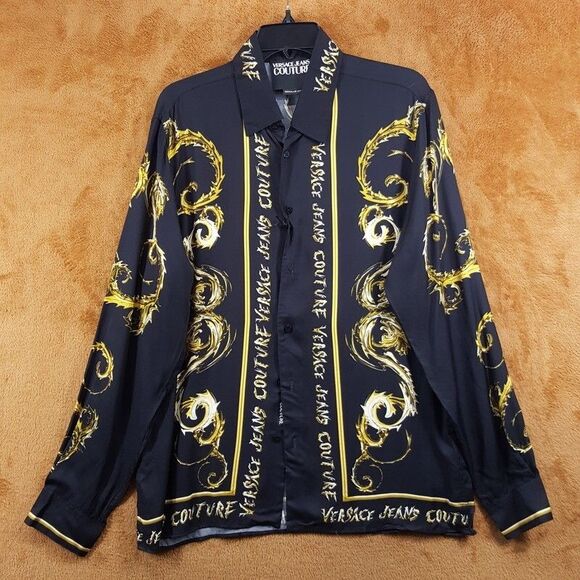 VERSACE COUTURE Shirt Mens XS Black Button Up Long Sleeve Baroque Gold $625